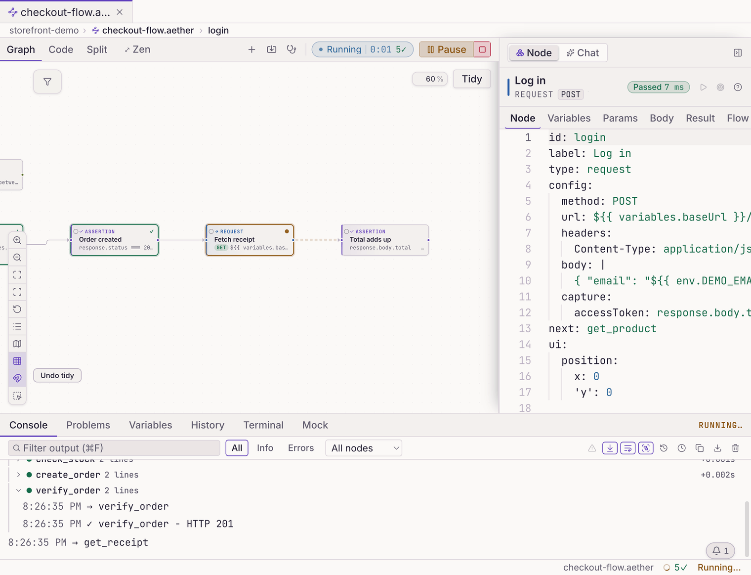 A flow mid-execution in Bandura: nodes with pass/fail state rings and the console panel listing each executed step