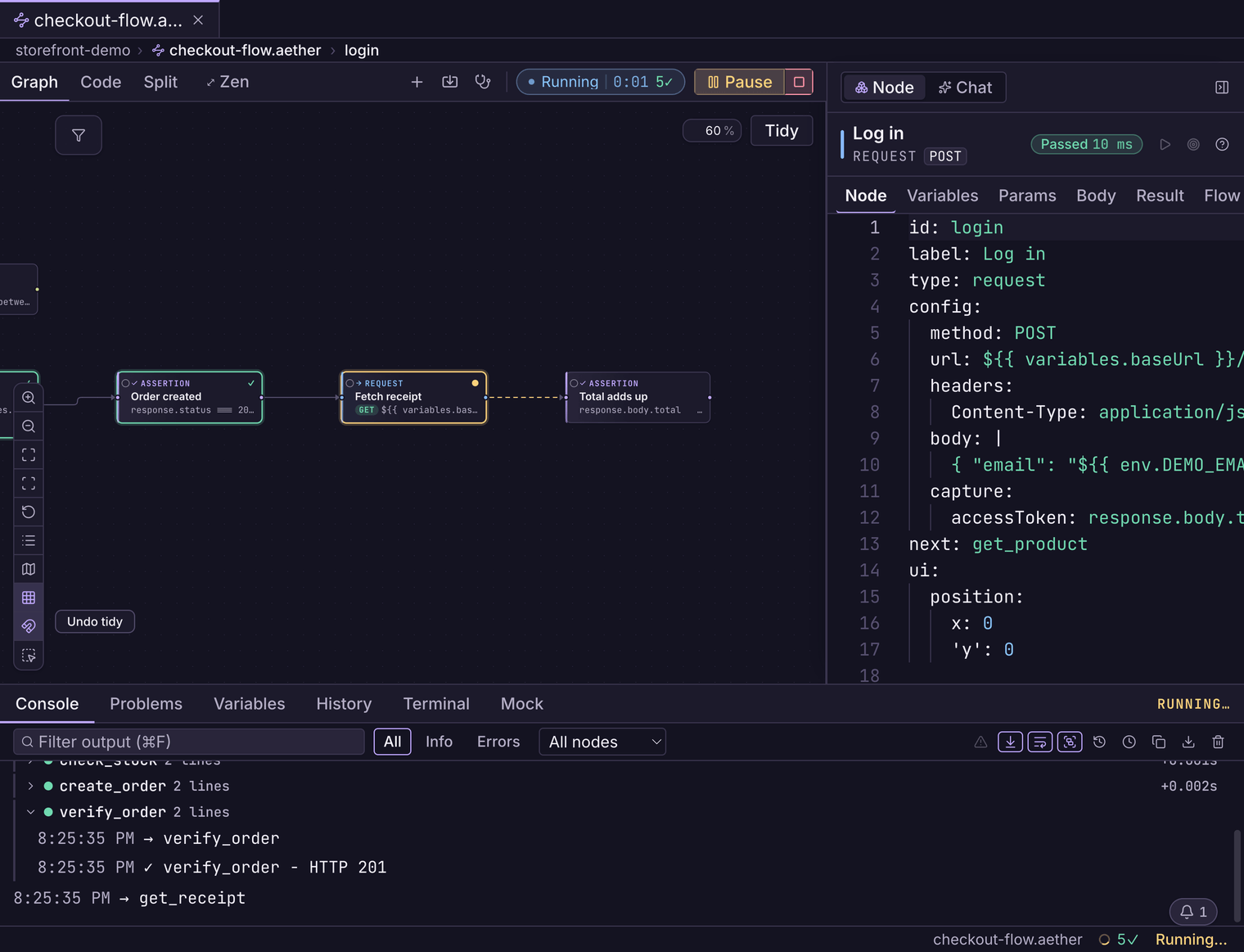 A flow mid-execution in Bandura: nodes with pass/fail state rings and the console panel listing each executed step