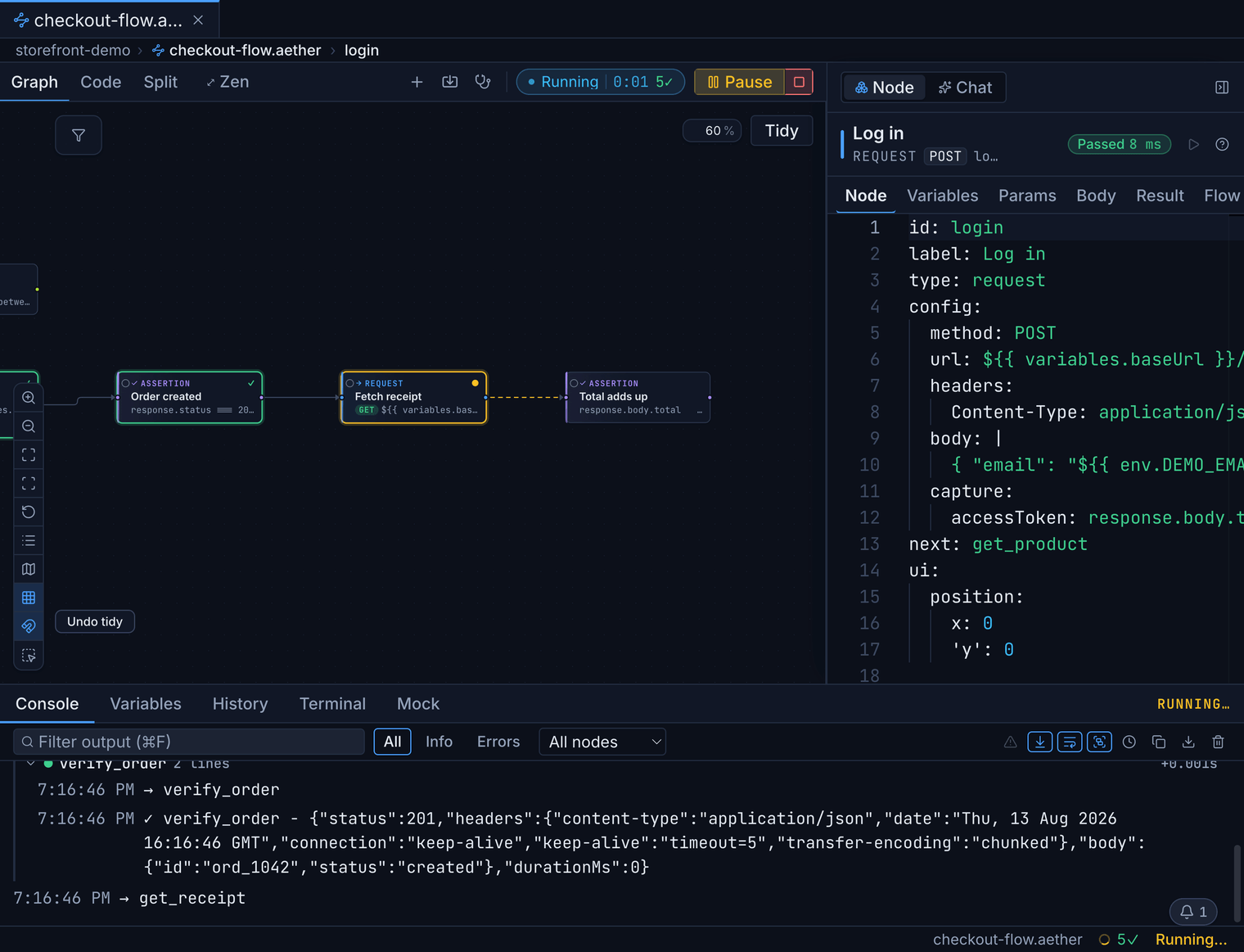 A flow mid-execution in Bandura: nodes with pass/fail state rings and the console panel listing each executed step