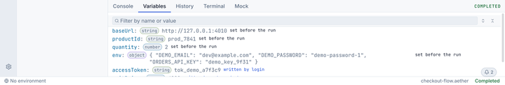 The variables panel after a run: baseUrl, productId, and quantity tagged as flow variables with override fields, and accessToken tagged as captured, linking to the login node that captured it