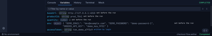 The variables panel after a run: baseUrl, productId, and quantity tagged as flow variables with override fields, and accessToken tagged as captured, linking to the login node that captured it