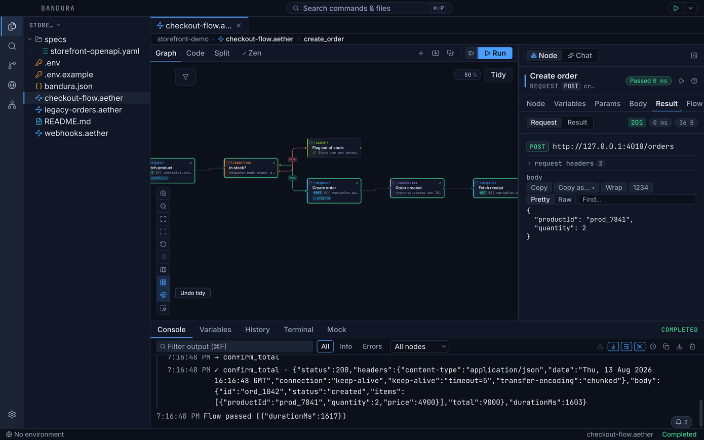 The Bandura desktop app after a passing run: a checkout flow on the graph canvas with green borders on the passed nodes, and the inspector open on a request node's result