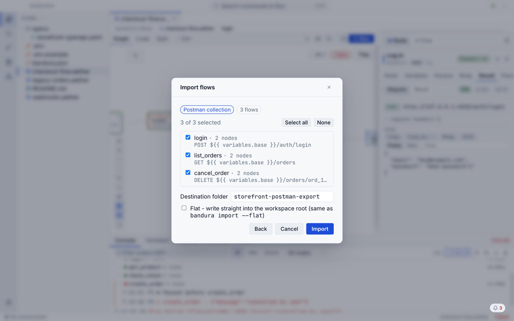 The Import flows review step: a Postman collection badge reading 3 flows, three ticked rows naming login, list_orders and cancel_order with their node counts and methods, a Destination folder field, a Flat checkbox, and Back, Cancel and Import buttons