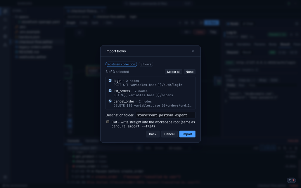 The Import flows review step: a Postman collection badge reading 3 flows, three ticked rows naming login, list_orders and cancel_order with their node counts and methods, a Destination folder field, a Flat checkbox, and Back, Cancel and Import buttons