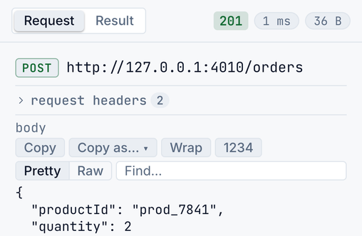 The node inspector showing the resolved request: POST /orders with the Authorization header carrying the captured bearer token and the JSON body