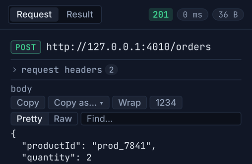 The node inspector showing the resolved request: POST /orders with the Authorization header carrying the captured bearer token and the JSON body