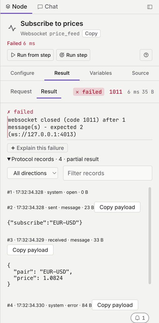 WebSocket result inspector with failed status, the server close code, a partial timeline, a sent subscription and one received price message