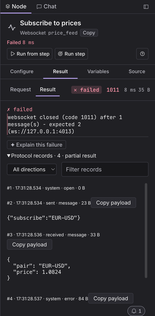 WebSocket result inspector with failed status, the server close code, a partial timeline, a sent subscription and one received price message